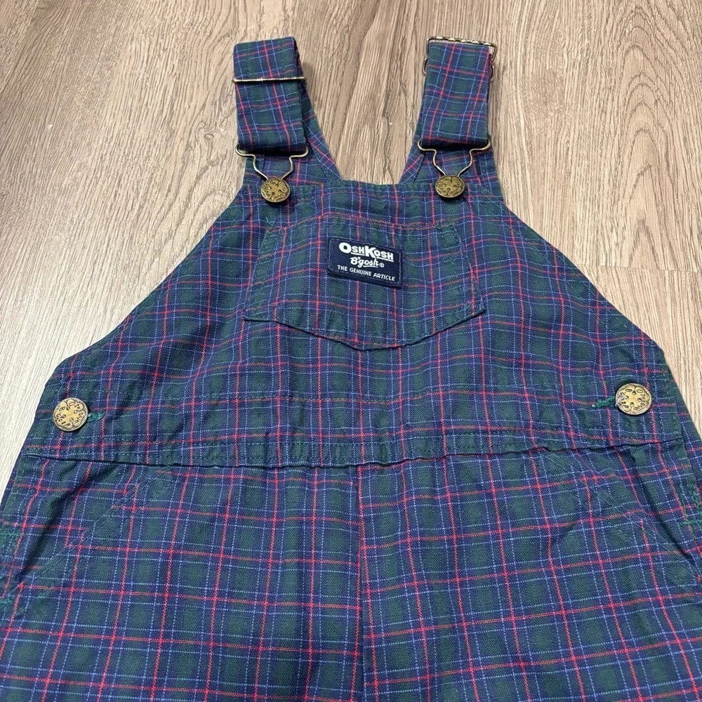 VTG Oshkosh B’Gosh Overalls Black Watch Plaid Toddler 4T Blue/Green/Red USA Made - Picture 3 of 4